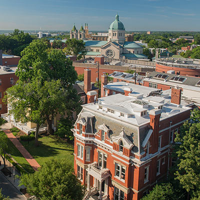 an aerial view of Founders Hall on the v. c. u. campus.