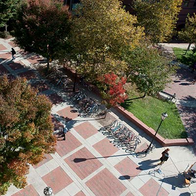 an aerial view of the promenade in front of Hibbs Hall on the v. c. u. campus.