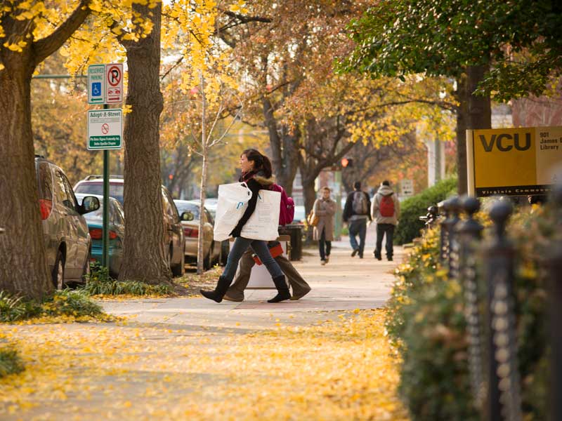 students walking on the v.c.u. campus in the fall
