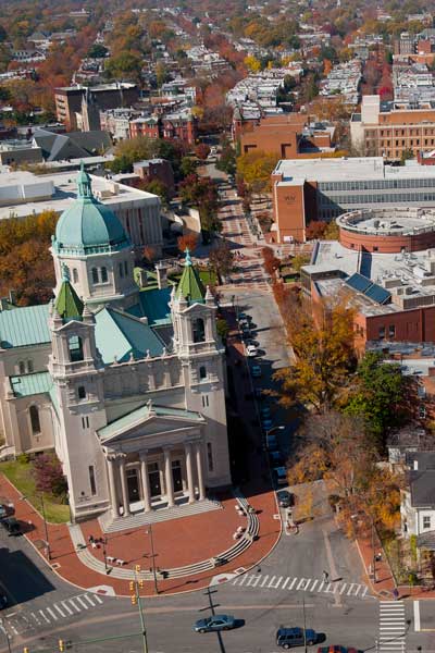 aerial view of the sacred heart cathedral and nearby buildings on the v.c.u. campus