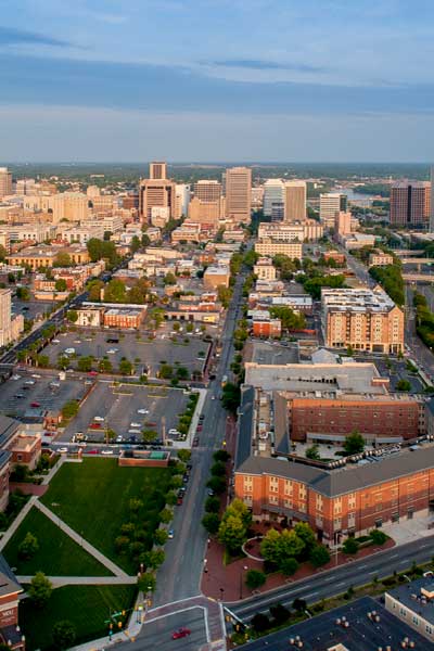 sunny aerial view of richmond virginia and the v.c.u. campus