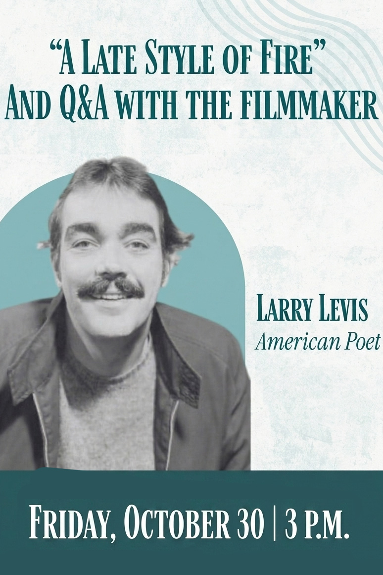 Black and white photo of Larry Levis with text that reads, 