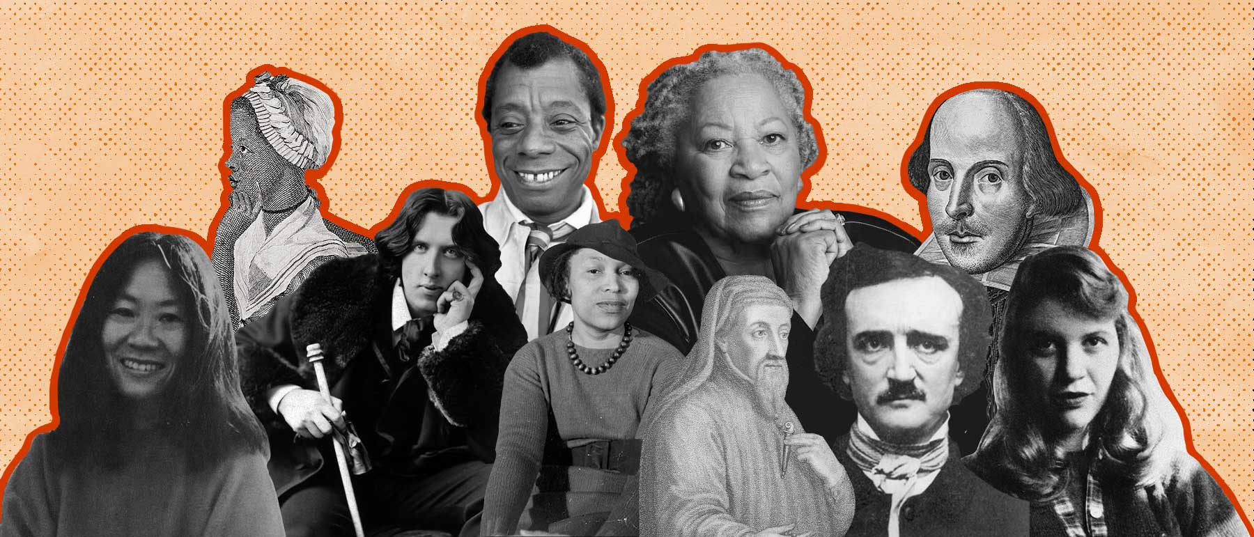 a collage of famous authors such as james baldwin, sylvia plath, william shakespeare, toni morrison, oscar wilde and others