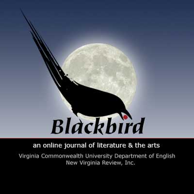 Blackbird journal logo: a stylized blackbird perched on the K of the word Blackbird overlaying the image of a photorealistic moon with a dark blue sky behind. The bird has a red berry in its beak the dot from the letter I in Blackbird.