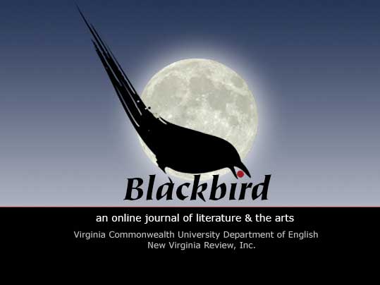 Blackbird journal logo: a stylized blackbird perched on the K of the word Blackbird overlaying the image of a photorealistic moon with a dark blue sky behind. The bird has a red berry in its beak the dot from the letter I in Blackbird.