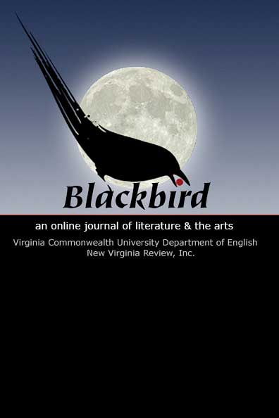 Blackbird journal logo: a stylized blackbird perched on the K of the word Blackbird overlaying the image of a photorealistic moon with a dark blue sky behind. The bird has a red berry in its beak the dot from the letter I in Blackbird.